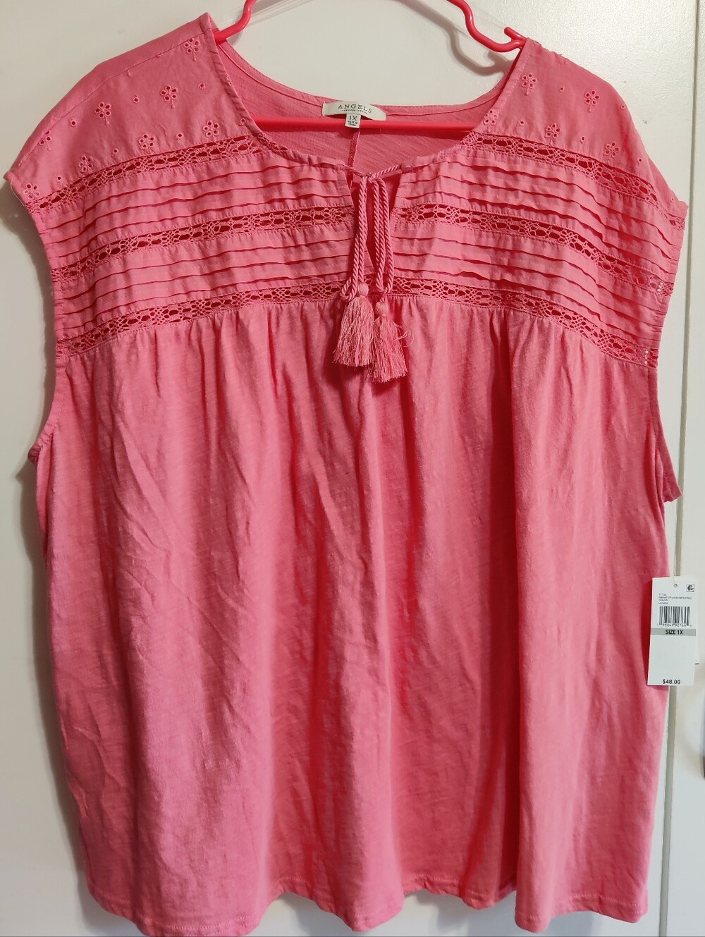Angels Coral Pink Tassel Pintuck Sleeveless Tunic